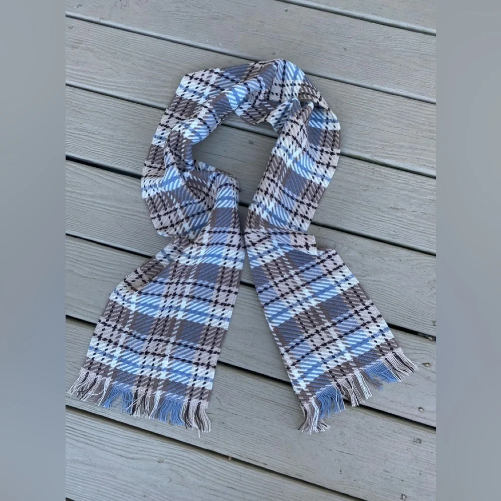 Elegant long plaid scarf with fringes (cream/blue/brown/tan), Size: 60”L.x 9”
